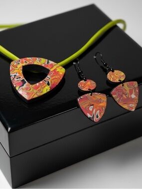 Handmade Marbled Red Polymer Clay Large Pendant Necklace on Cord & Earring Set